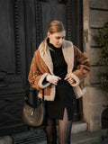 Vintage Single-breasted Faux Lamb Wool Jackets Women Autumn Winter Retro Casual Contrast Color Loose Suede Jacket Streetwea