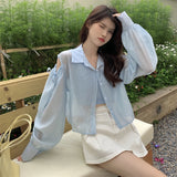 Nukty Shirts Women Hole Temperament Sun-proof Ins Vacation Thin Korean Style Sheer Off-shoulder BF Summer Students Beach