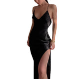 Nukty Summer Women's Sexy Satin Silk Spaghetti Straps Slit Long Dress Elegant Sleeveless Backless Club Party Beach Sexy
