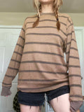 Women Fairy Grunge Knit Basic Shirt Autumn Y2K Grey Black Striped Long Sleeve Round Neck Tops Emo Tee