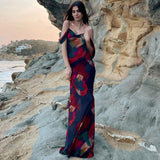 Nukty Women Sexy Boho Floral Holiday Long Maxi Dress Summer Evening Party Mesh Sundress Vacation Spaghetti Strap A-line Dresses Robes