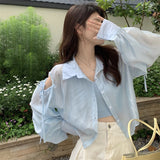 Nukty Shirts Women Hole Temperament Sun-proof Ins Vacation Thin Korean Style Sheer Off-shoulder BF Summer Students Beach