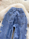Nukty Women Jeans Summer Blue Denim Trouser High Waist Ripped Holes Straight Leg Full Length Pants Casual Street Clothes