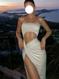 Nukty Sexy Strapless Cut Out High Slit Party Glitter Maxi Dress for Women Summer Elegant Backless Dresses Ladies Vestido Outfits