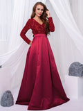 Nukty Long Sleeve V Neck Stretch Sparkle Sequin Floor Length Party Dress Slit Patchwork Ball Gown with Porckets