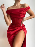Nukty Stretch Satin Elegant Dress Women High Split One Shoulder Sexy Party Dress  Summer Dresses With Fishbone Vestidos