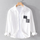 Nukty Spring Autumn Solid Long Sleeve Shirt Men Clothing Turn-down Collar Loose Casual Cardigan Man Simple Printed Pocket Tops