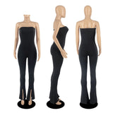 Nukty New Hem Slit Elastic Bodycon Jumpsuit Woman Sexy Suspenders Sleeveless Skinny Flared Trouser Romper Yoga Overalls