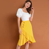 Solid Midi Skirts Women Summer Ruffle High Waist Button Skirt Ladies Office Lady Elegant Streetwear Slim Bottoms Saias