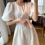 Nukty Vintage French Holiday White Dress Short Puff Sleeves Zipper Front A Line Slim Dress Vestidos Elegant Party Dress Summer