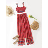 Boho Vintage Pattern Print Women 2 Piece Set Spring Midriff Baring Wide Leg Pant Retro Chic Beach Vacation Women Set