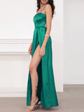 Sexy Summer Long Satin Dress Padded BOW Straps Lace Up Dress 2 Slits Green Blue Red