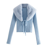 Women Faux Fur V-Neck Patchwork Cardigan Knitting Short Sweater Female Chic Long Sleeve Single Breasted Slim Blue Tops Hot-sale