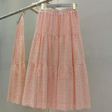 Boho Elegant White Long Skirt Women Hook Flower Hollow Folds Hem High-waisted Skirts Casual Holiday Female Clothes