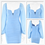 Townlike Long Puff Sleeve Spring Autumn Dress Women Double Layer Mesh Sexy Party Dress Pleated Slim Bandage Bodycon Dresses
