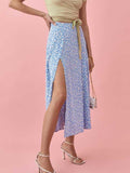 Nukty High Waist Split Out Floral Mid Skirt Women Sexy Vintage Boho A-line Skirts Slim Party Streetwear Holiday Beachwear