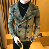 Nukty Autumn Winter New Double-Breasted Windbreaker Slim Short Men Woolen Coat Fashion Retro Plaid Thick Casual Windbreaker Coat