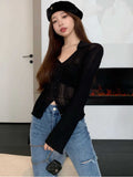 Nukty Knitting T-shirt Women Slim Sexy Long Sleeve Daily V-neck Casual Korean Style Pure Retro Minimalist Hot Girls Spring See-through