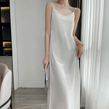 Nukty Tri-Acetate Satin Silky V-Neck Temperament Female Summer Beautiful Silk Suspender Dress New Long Skirt Is Thin