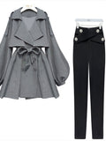 Nukty Autumn Office Ladies Elegant 2 Piece Sets Women Korean FashionTurn-down Iantern Long Sleeve Trench Coat And Bodycon Pants Sets