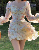 Nukty Casual Beach Party Mini Dress Women Summer Elegant Floral Long Sleeve Fairy Dress Female Y2k Korean Fashion Chic Sexy Dress