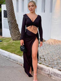 Summer Sexy Split Maxi Skirt Suits Women New V Neck Long Sleeve Backless Crop Top Ladies Fashion Two Piece Sets