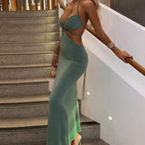 Nukty Summer New Ladies Halter Neck Hollow Dress Sexy Fashion Temperament Suspenders Fishtail Long Skirt Party High Street