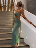 Nukty Summer New Ladies Halter Neck Hollow Dress Sexy Fashion Temperament Suspenders Fishtail Long Skirt Party High Street