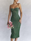 Nukty Elegant Lace Spaghetti Strap Sexy Midi Dress For Women Fashion Sleeveless Backless Club Party Print Long Dress Vestido