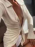 Nukty Ruched Long Sleeve Shirt Women Elegant Fashion Woman Blouses Autumn Winter Casual Long Shirt White Green Blouse Top