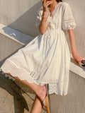Vintage Women's Dresses Hollow Flower Embroidery V-Neck Puff Sleeve Midi Dress Bow Lace-Up Bohemian Prom Dress White