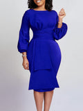 Nukty Puff Sleeve Midi Dress Women Ruffle Crew Neck Formal Party Cocktail Pencil Dress with Bow Belt  Vestidos