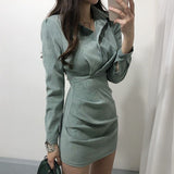 Nukty New Korean Chic Turn Down Collar Single Breast Tie vintage Dress High Waist Hip Pleat Bodycon Vestidos Solid Temperament Ropa