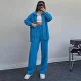 Nukty New Womans Suit Autumn Sleepwear Two-piece Women's Homewear Long Sleeve Cropped Button Shirt + Wide Leg Pants Suit Ladies