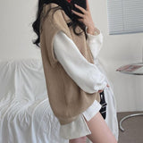 Nukty Sweater Vests Women Knitted Tank Sweaters V-neck Solid Sleeveless Casual Long Sleeves Vintage Spring/Autumn Female High Street
