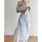 Nukty Blue and White Porcelain Printing Off Shoulder Style Backless Sweet Midi Dress Summer Backless Sexy Outfits
