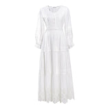 Lace Elegant Women's Dress Spring Hollow Button V Neck Lantern Sleeve White Long Dresses Boho Casual Holiday Vestidos
