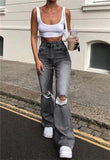 Nukty new style micro-bladed jeans women's ripped European and American high-waisted wide-leg flared trousers all-match loose