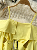 Nukty New Fashion Women Spring Summer Yellow Shirt Sexy Spaghetti Strap Slash Neck Off Shoulder Long Sleeve Blouse with Belt