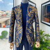 Nukty Floral African Men Suits for Wedding Jacquard Slim Fit Navy Blue Groom Tuxedo 2 Piece Custom Jacket with Pants Male Clothes