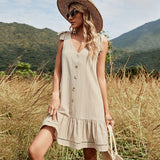 Nukty New Spring Summer V Neck Solid Color Single Breasted Vest Lace Up Bowknot Halter Ladies Loose Dress