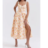 Nukty 2024 Women French Style Floral Print A-line Midi Sling Dress Sexy Sleeveless Front Slit Female Holiday Party Summer Dress