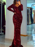 Nukty Long Sleeve Padded Sequin Maxi Dress Floor Length Sparkles Stretch V Neck Mermaid Formal Evening Night Party Gown Grey Black Red