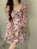 Nukty Vintage Sweet Korean Fashion Floral Bodycon Mini Dress for Women Party Beach Long Sleeve Casual Dresses Elegant Summer Pink