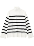 Nukty Casual Knitted Sweater Autumn Femme Vintage V Neck Striped Loose Elegant Pullover Chic Jumper Women's Long Sleeve Top