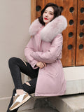 Medium Long Hooded Parka With Fur Collar Winter Jackets For Women Casual Cotton Liner Coat Adjustable Waist