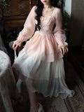 Nukty French Vintage Sweet Fairy Dress Women Bow Elegant Evening Party Midi Dresses Female Long Sleeve Korean Style Dress Summer