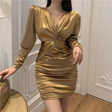 New Prom Party Fashion Women's Stain Dresses Slim Skinny V-neck Hip Mini Dress Urban Ladies Pleated Long Sleeve Sexy Dress