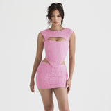 Nukty Pink Sleeveless 2 Piece Dress Set Sexy Cut Out Holiday Party Dresses Casual Cropped Top and Mini Skirt Women