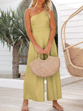 New Women's Jumpsuit Single Shoulder Strap Pleated High Waist Casual Wide Leg Jumpsuit Elegant Hakama Jumpsuit Women